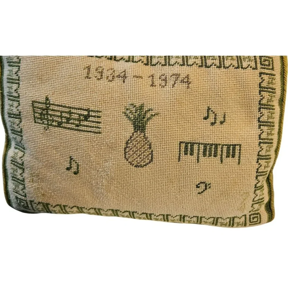 Vintage‎ Needlepoint Pillow With Pineapple & Music Motif Olive Green & Beige